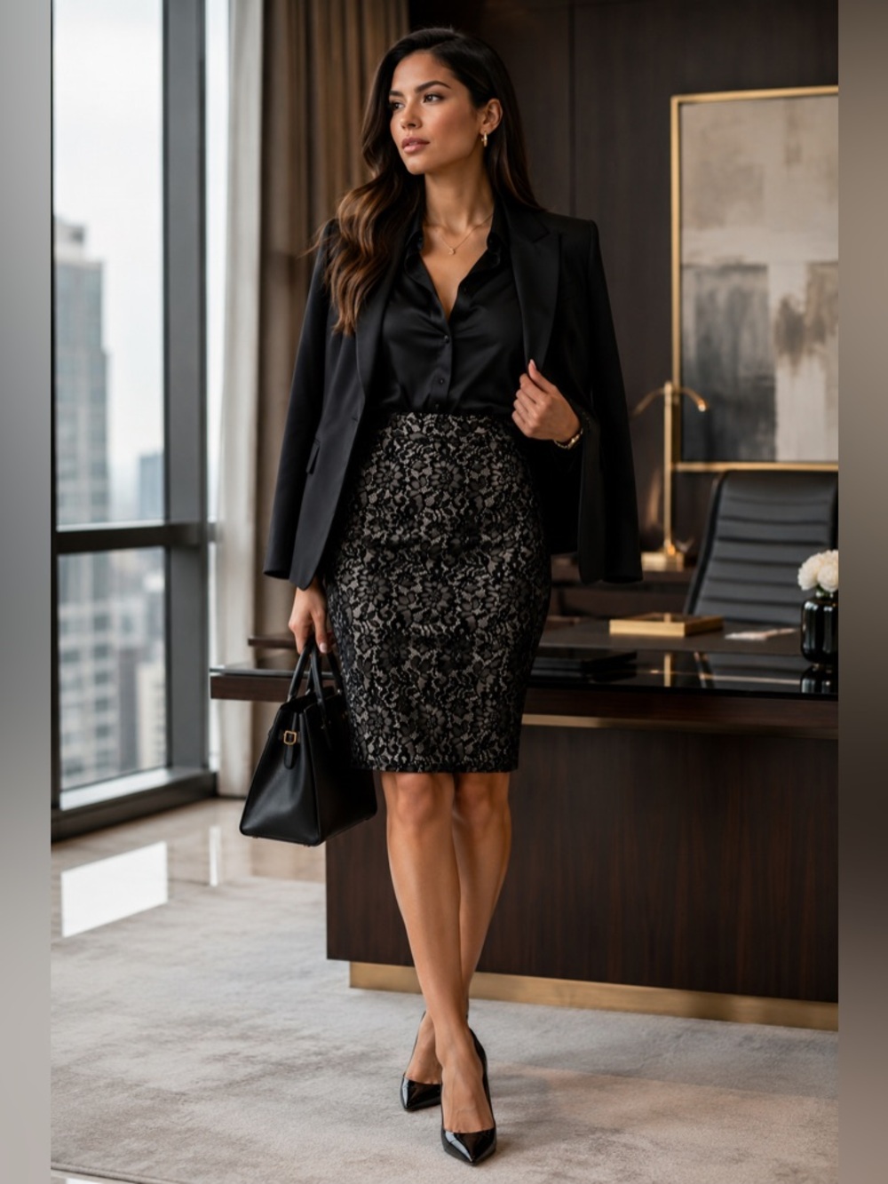 Worthington Lace Pencil Skirt Black & Gray Stretch Size 16 Corporate Chic